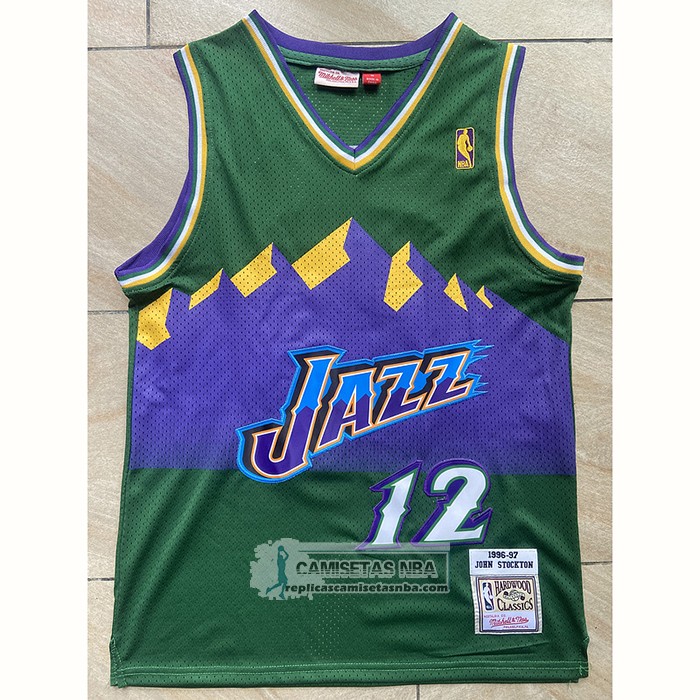 Camiseta Utah Jazz John Stockton NO 12 Mitchell & Ness 1996-97 Verde